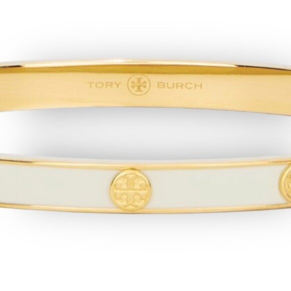 TORY BURCH MILLER 5MM WHITE AND GOLD HINGE BRACELET - Picture 3 of 5